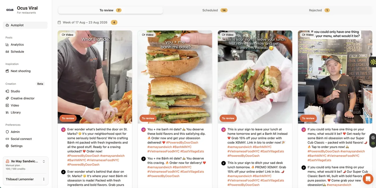 Autopilot review screen: the week's posts waiting for approval